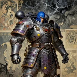 composition of gothic and futuristic, warhammer, cyber japan samurai armor, more and more scars, storm, blue head, some purple and yellow, the middle ages, highly detailed, artstation, in the style of moebius, jugendstil and classic japanese print, art by jean delville and rene magritte