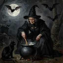 An old wrinkled witch dressed in black stirring her cauldron. Moonlight. Black cat. Bats. Oil painting by Francisco de Goya.