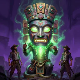 totem snakeoil brand snake oil salesman petroleum cowboy totem aztek greeble tribal style heartstone ornate fantasy dofus by Krzysztof Maziarz fanart artstation afrika mask color radiating a glowing aura, purple green color scheme Lois van baarle, ilya kuvshinov, rossdraws global illumination
