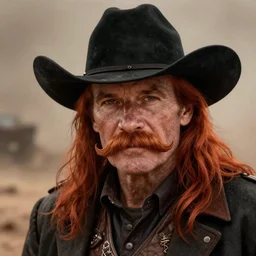 portrait close - up, old drunk cowboy redhead long hair, big moustache, black stetson and coat, dusty background, marvel comics, dark, intricate, highly detailed, smooth, artstation, digital illustration, ruan jia, rutkowski, albert bierstadt, frank tenney johnson