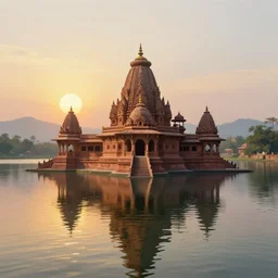 digital painting art style of a very beautiful aesthetic photograph of a ancient india with ornate temples in centre of lake with clean and reflective water shining on water surface and a landscape with lake and mountains and sun going down rendered in unreal engine 5