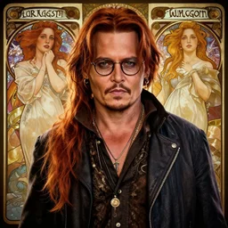 highly detailed vfx portrait of johnny depp with a new ginger long hair girlfriend unreal engine, chrome reflect, greg rutkowski, tom bagshaw, alphonse mucha, global illumination, detailed and intricate environment