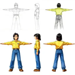 concept art with a colorful color scheme, front, side, and back view, arms outstretched, modeling reference sheet, lineart, orthographic view, ink, varying thickness, manga pen, in the style of masaaki yuasa, 3 d modeling concept sheet, white background