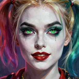 ultra detailed close up facial portrait of harley quinn, green eyes, sharp bone structure, extremely detailed digital painting, in the style of fenghua zhong and ruan jia and jeremy lipking and peter mohrbacher, mystical colors, rim light, beautiful lighting, 8 k, stunning scene, raytracing, octane, trending on artstation