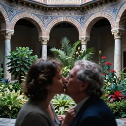 ( ( out of focus ) ), head to shoulders kiss, photography by saul leiter and ernst haas in a decorated pompeii peristylium garden, plants, tea green, airforce blue, red