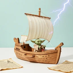 wooden starship piloted by yoda, wooden board, rebels manuscript, chateau, nordic pastel colors, perfect lightning
