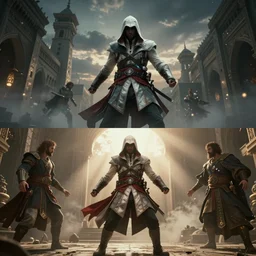 Stills from the Assassin's Creed opening cinematic, middle eastern architecture, dynamic poses, low camera angle, god rays, bloom, volumetric fog, moody ambiance, cinematic lighting, twilight, sunset, Brom, Caravaggio, Rubens, fantasy, portfolio illustration, highly detailed, trending on Artstation, CGsociety, HQ, 8k, 35mm lens, f2.8, Bokeh,