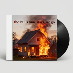 a house on fire with the words the veils time stays, we go, an album cover by valerie petts, tumblr contest winner, sots art, velvia, nostalgic vibe, hype, official art