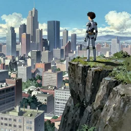 a lone cyborg atop a cliff watches over mcdonalds city, ruckenfigur, cyberpunk, by tsutomu nihei, katsuhiro otomo, kentaro miura, moebius, studio ghibli