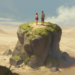 a couple of people standing on top of a sandy beach, concept art by senior environment artist, cgsociety, fantasy art, concept art, unreal engine, matte painting