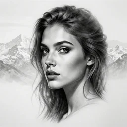tattoo design sketch of an extremely beautiful woman face and a faded background of beautiful mountains on her side, hyper - realistic, double exposure effect, in the style of matteo pasqualin, amazing detail, black and white, faded