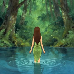 forest nymph rising from the water. view from behind, back view. nuri iyem, james gurney, james jean, greg rutkowski, anato finnstark