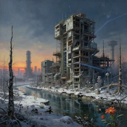 a beautiful ultradetailed painting of industrial architecture abandoned city architecture building canal urbex unfinished building by etel adnan, forest at winter tundra sci - fi galactic nature biopunk tokyo synthwave laser sunset reclaimed by nature tron flowers at dusk, archdaily, wallpaper, highly detailed, trending on artstation.