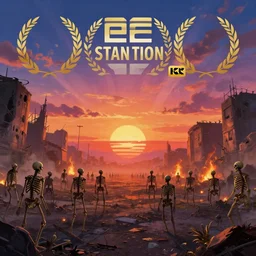 apocalyptic futuristic world, sunset, skeletons rising from the ground, colorful sky, distant burning fires, skeleton walking around, destroyed buildings, street view, concept art, fantasy, illustration, 8 k, high detail, artstation award