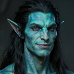 a face portrait of a amphibious humanoid male with turquois colored skin!, slight smile, triton race from d & d, gills on his neck, long black hair, style by donato giancola, wayne reynolds, jeff easley dramatic light, high detail, cinematic lighting, artstation, dungeons and dragons