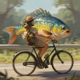 fantasy painting of a fish riding a bicycle, trending in artstation, highly detailed