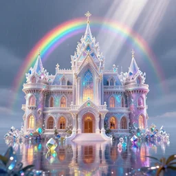 mansion made of rainbows and crystal, reflections, rays of light, by greg rutkowski, trending on artstation, highly detailed