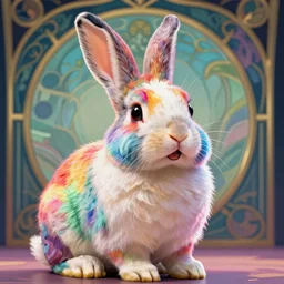 portrait friendly cute happy stylish realistic rainbow rabbit. background in the style of art nouveau. lively. colorful. hd.