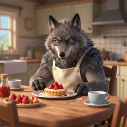 cute handsome cuddly burly surly relaxed calm timid werewolf from van helsing sitting down at the breakfast table in the kitchen of a normal suburban home wearing apron having fun baking strawberry tart cakes unreal engine hyperreallistic render 8k character concept art masterpiece screenshot from the video game the Elder Scrolls V: Skyrim