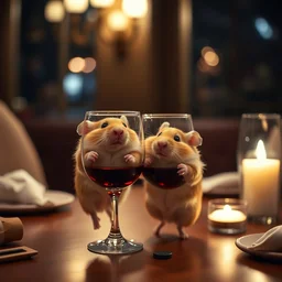 photo of a hamsters on a date, stuck in a glass of wine, at night, faded colors, candlelit restaurant table, cinematic color grading, various poses, soft light, centered, sharp focus, 8 k