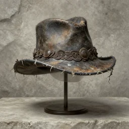 ornate tattered hat on display, stone background, concept art by greg rutkowski