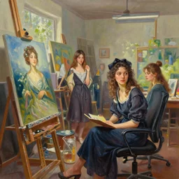 Vibrant depiction of the a oil painting studio in 2021, girls in the background by frank miller, illustration by Ruan Jia and Mandy Jurgens and William-Adolphe Bouguereau, Artgerm, 4k, digital art, surreal, space dandy style, highly detailed, godsend, artstation, digital painting, concept art, smooth, sharp focus, illustration by Ruan Jia and Mandy Jurgens and William-Adolphe Bouguereau,