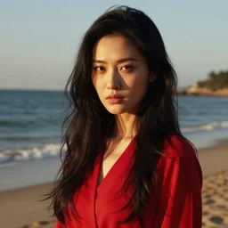 woman with long dark black hair wearing red clothing standing by the beach, beautiful, 8k, highly detailed, realistic, artgerm, sakimichan, rutkowski, trending on artstation, perfect face, portrait, high contrast, golden light, dramatic lighting,