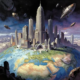 very detailed, prophet graphic novel, ilya kuvshinov, mcbess, rutkowski, simon roy, illustration of decrepit arcologies skyline dystopian megacity with space junk floating in the sky on a dead planet earth, wide shot, colorful, deep shadows, astrophotography