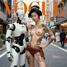 vintage magazine, Vogue cover 2046, Aug issue, super beautiful cyborg super model with Japanese tattoo, posing with ai robot, in the style of Norman Rockwell, Rubens, Leyedecker, in the future Tokyo street