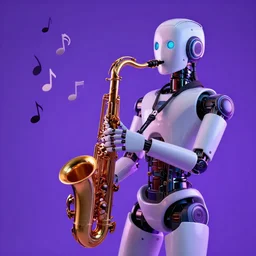 robot playing saxaophone with notes coming out, jazz, purple