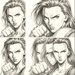 3 panels of scarlett johansson with angry expression in fist of the north star anime, dramatic lighting, anime style, pencil and ink manga drawing,