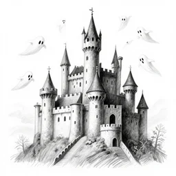 black and white artistic drawing of a surrealist castle with ghosts flying all over the place, rough strokes, pencil texture, high contrast key