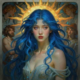 stunning, breathtaking, awe-inspiring award-winning concept art nouveau painting of attractive Asian nymph with blue hair, as the goddess of the sun, with anxious, piercing eyes, by Alphonse Mucha, Michael Whelan, William Adolphe Bouguereau, John Williams Waterhouse, and Donato Giancola, cyberpunk, extremely moody lighting, glowing light and shadow, atmospheric, cinematic, 8K