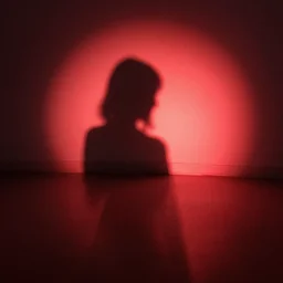 she sees her own shadow outlined in red light and cast across floor below her