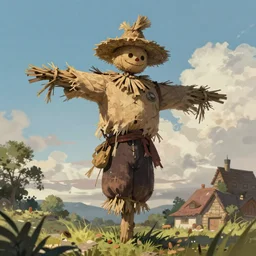 beautiful and detailed 4 k digital painting of a huge scarecrow, concept art, sharp focus, masterpiece, trending on artstation, scarecrow by greg hildebrandt and studio ghibli - - w 7 0 4