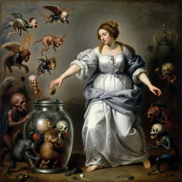 a painting of pandora opening her jar, releasing monsters and critters that impersonate sickness and death, misery, she is fully dressed, in the style of realism and a masterpiece by artemisia gentileschi, critters flying around, the jar is clearly visible