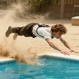 “anakin skywalker diving into a pool full of sand, 8k, digital masterpiece, wind blown sand”