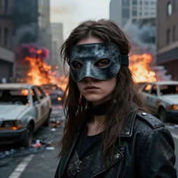post - apocalyptic city streets, close - up shot of a masked anarchist girl, burned cars, explosions, colorful smoke, hyperrealistic, gritty, damaged, dark, urban photography, photorealistic, high details