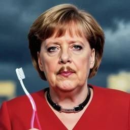 portrait of glamor angela merkel | dog collar | ( ( ( toothbrush mustache ) ) ) | stormy background | highly detailed | very intricate | professional model | cinematic lighting | painted by donato giancola and mandy jurgens and charlie bowater | bold colors, artdeco, art deco synthwave anime aesthestic, 8 0 s nostalgia | artstation