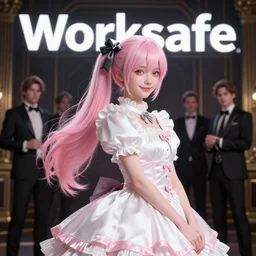 worksafe. behance photo. insanely detailed. by wlop, ilya kuvshinov, krenz cushart, greg rutkowski, pixiv. zbrush sculpt, octane, maya, houdini, vfx. pink, white and black, gorgeous young cg gentle girlish feminine sissy boy with long hair, ponytail hairstyle, wearing hairbow, frills, silk dress, friendly smiling, in luxury advertisement. cinematic dramatic atmosphere, sharp focus, volumetric lighting