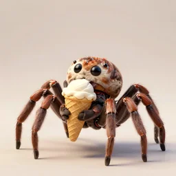 a very cute very large spider holding an ice cream cone the spider is eating the ice cream cone, A cute spider, bold colors, octane render, realistic reflections, studio lighting, cartoon, spider holding an ice cream cone, spider eating ice cream