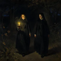darkness, girls walking to the convent by candlelight in the night art by anders zorn, wonderful masterpiece by greg rutkowski, beautiful cinematic light, american romanticism thomas lawrence, greg rutkowski