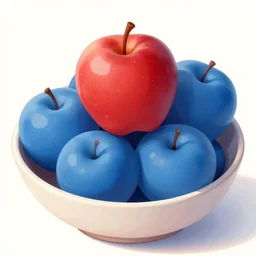 a red apple in a bowl of blue apples