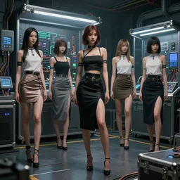Ladies in various skirts, cyberpunk style, electrical case display, total recall tech, ultrarealistic, dramatic lighting, electrical details, high details, 4k, 8k, best, accurate, trending on artstation, artstation, photorealism, ultrarealistic, digital painting, style of  Boris Vallejo and Hajime Sorayama