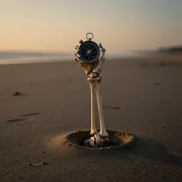 a moody photograph of a skeletal arm rising from a sandy beach holding a compass. golden hour, dslr, cinematic lighting.