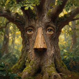 a talking oak tree, a face in the bark, nose made of wood, eyes in the bark, fantasy concept art, leaves and moss, digital painting, oil painting, hyperrealistic, beautiful, treebeard, ent, highly detailed, soft lighting, golden sunlight, very detailed eyes, artstation, cgsociety, in the forest, by alan lee, by artgerm