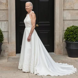 joe biden wearing a halter top wedding dress with a long train