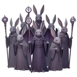 dungeons and dragons illustration of a squad of very mystic looking bunnybat sages, long staffs with divine glyphs and ornaments, proclaiming the divine unity, concept art, character study, expressive emotion and sketch, in the style of bernie wrightson art