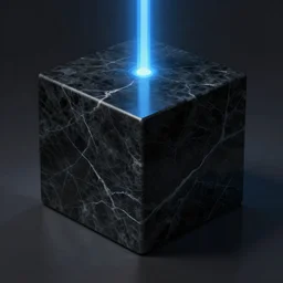 big black marble cube. vertical blue beam of light. fantasy, digital painting, hd, detailed.