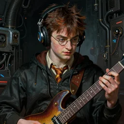 a epic norman rockwell painting close up face portrait of harry potter on playing a futuristic guitar with headphones on in a dark liminal space room, gritty tech, deep focus, fantasy, intricate, elegant, highly detailed, digital painting, artstation, concept art, matte, sharp focus, illustration, dark fantasy style art, resident evil, art by artgerm and greg rutkowski and alphonse mucha